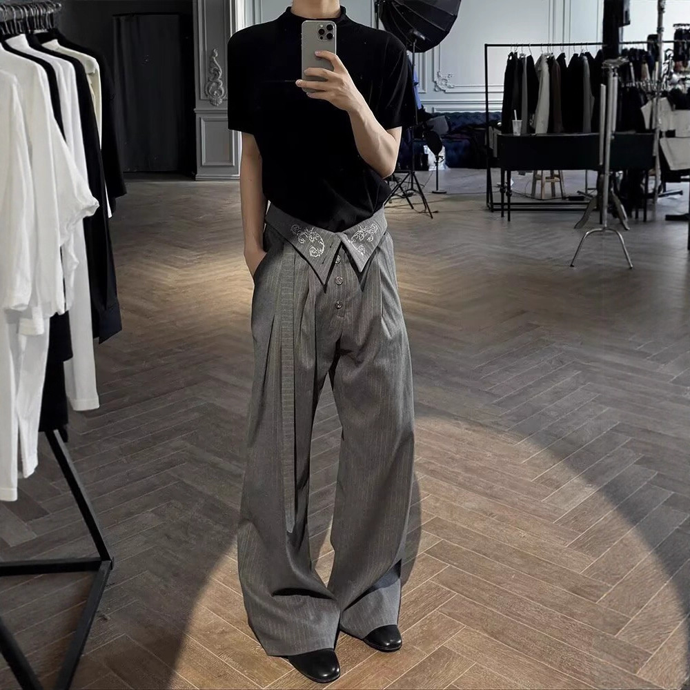 Accumulated Stripes Kendo-inspired Zanshin Style Mens Trousers With A Draped Pleated Design