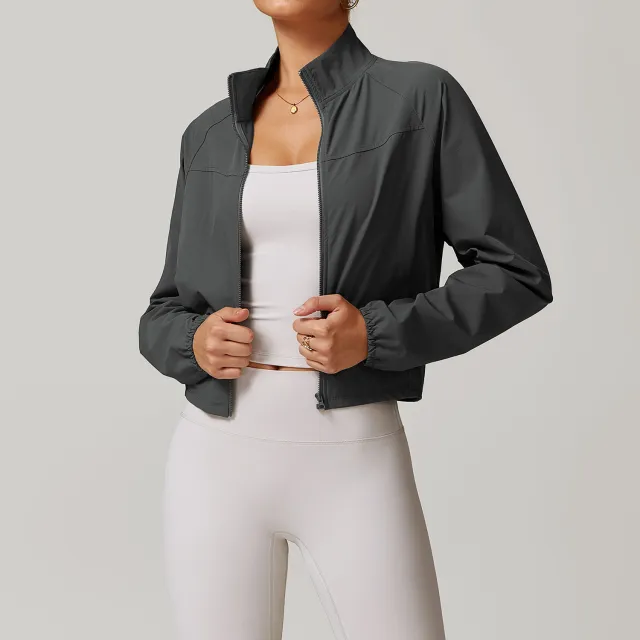 European And American Quick drying Stand Collar Sports Jacket For Women Gray - Shop at LoveMi