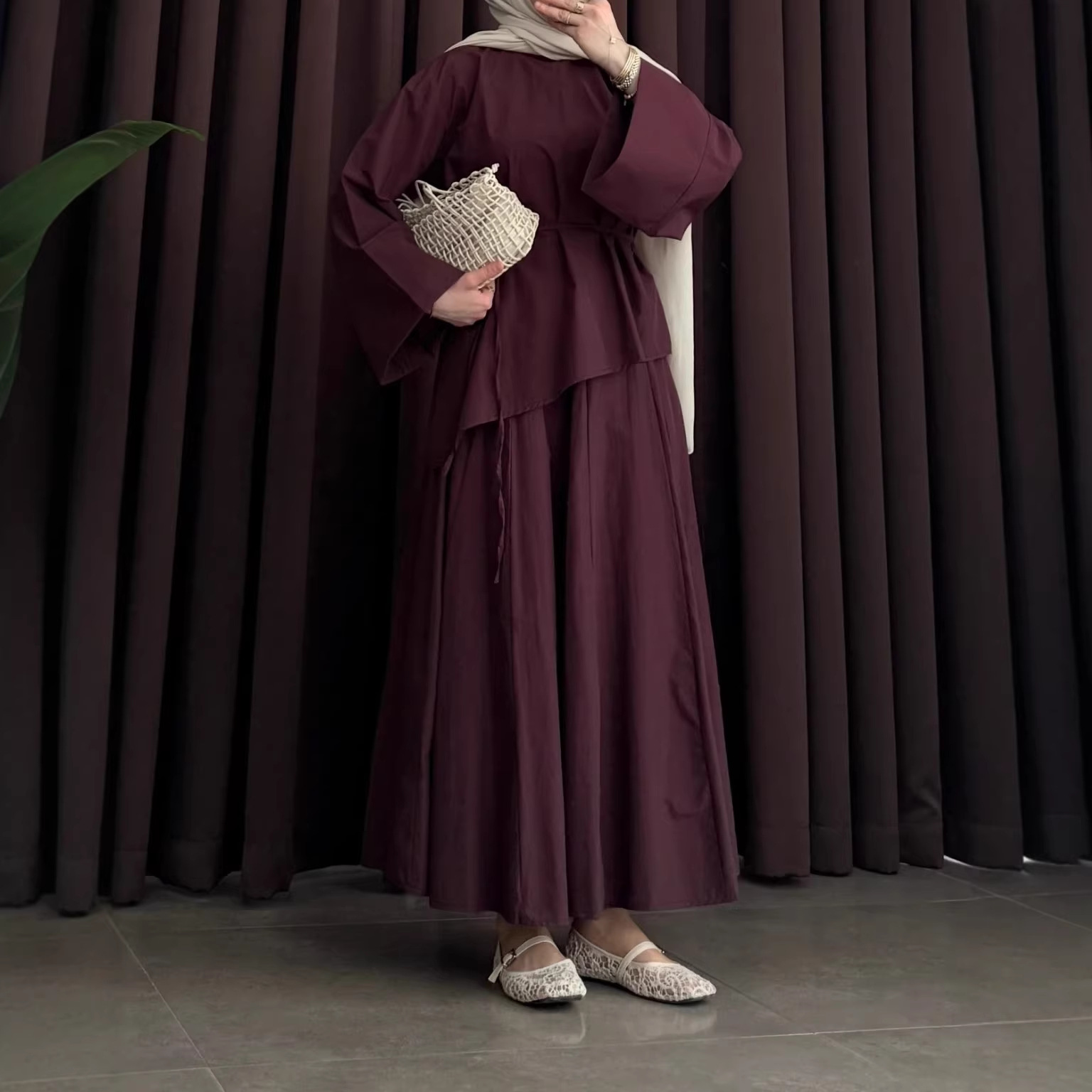 Layered Design Flared-sleeve Waist-cinched Dress