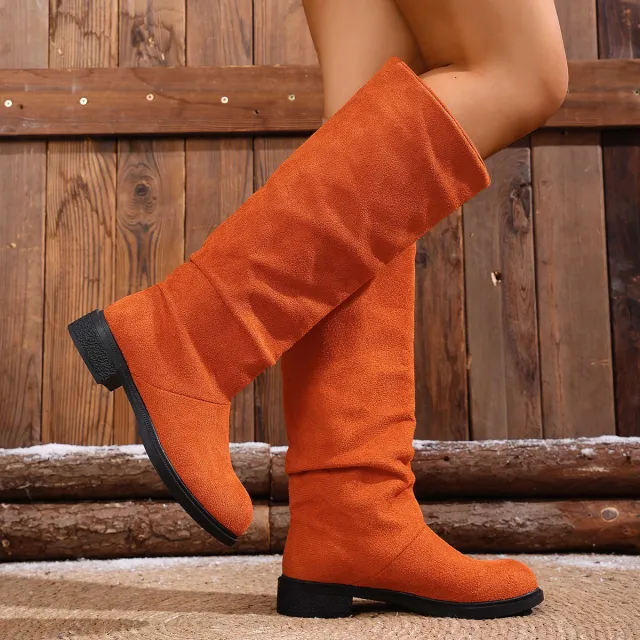 European And American Fashion Suede Sleeve High Leg Boot Low Heel Large Size Below The Knee Boots Orange - Shop at LoveMi