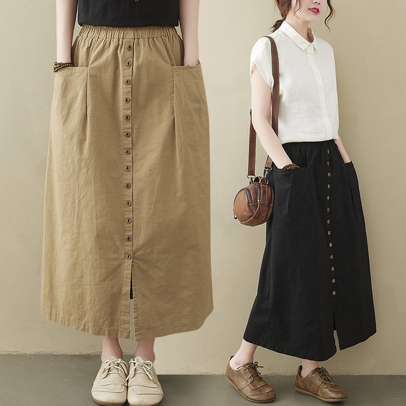 Womens Mid-length Artistic Retro Loose-fit Solid-color A-line Dress