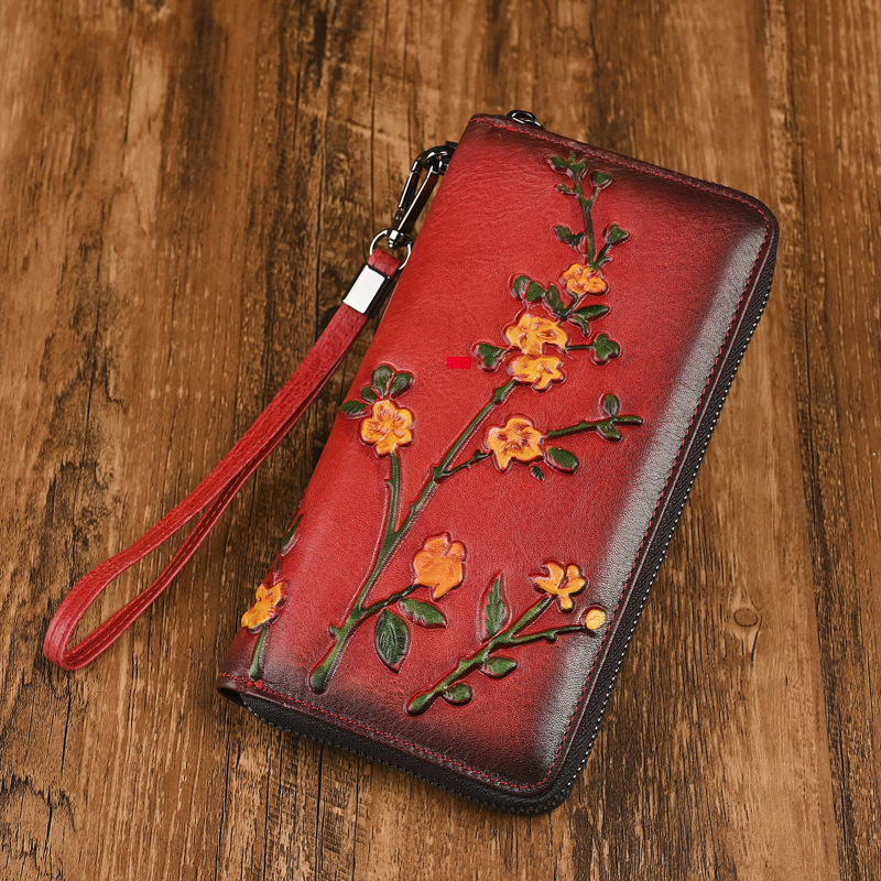 Portefeuille long en cuir véritable pour femme – Motif gravé vintage, nombreux rangements