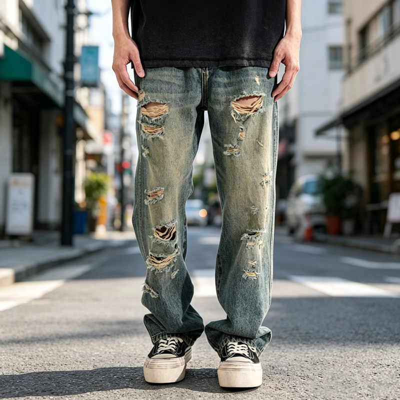 Mens Distressed Baggy Casual Pants With Rips