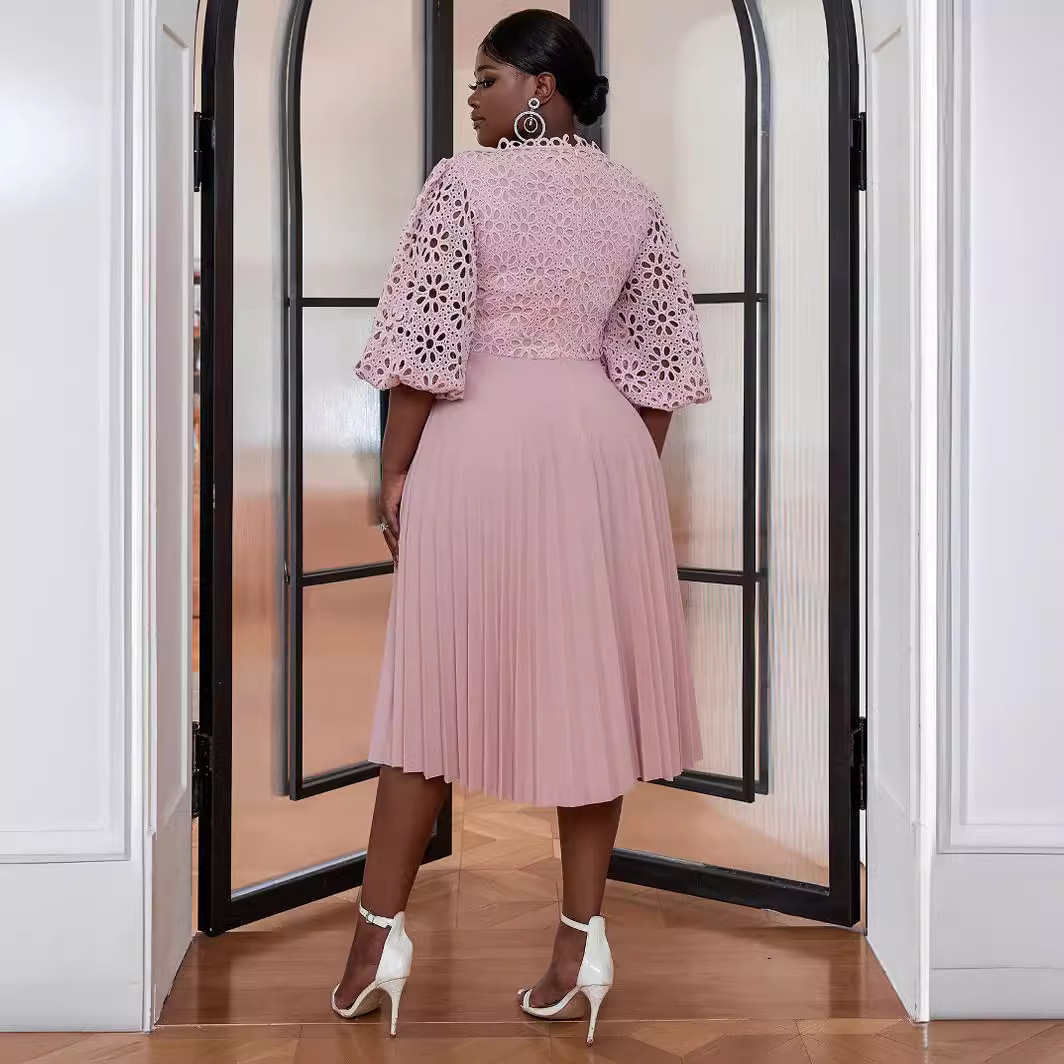 Lace Lantern Sleeve Oversized Pleated Skirt Dress