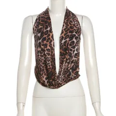Sexy Sleeveless Leopard Print Lace-up Backless Halterneck Vest - Leopard Print - View 1