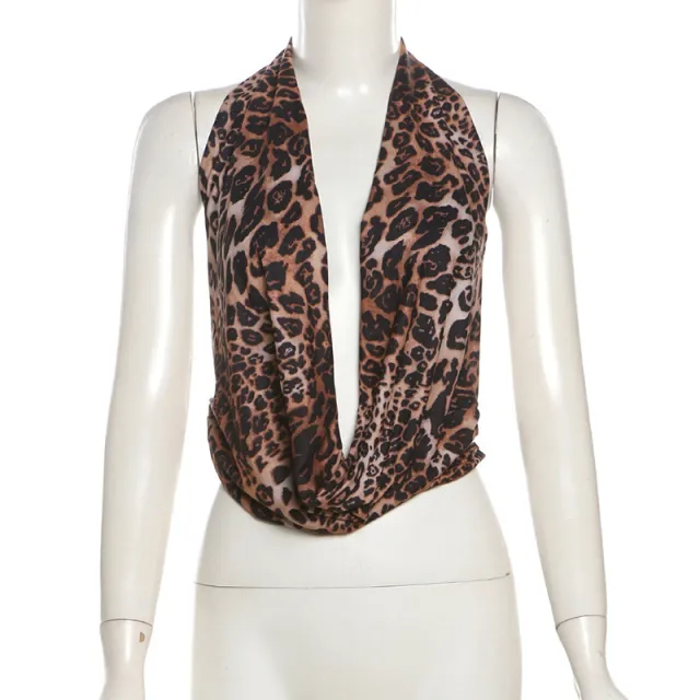 Sexy Sleeveless Leopard Print Lace up Backless Halterneck Vest Leopard Print - Shop at LoveMi