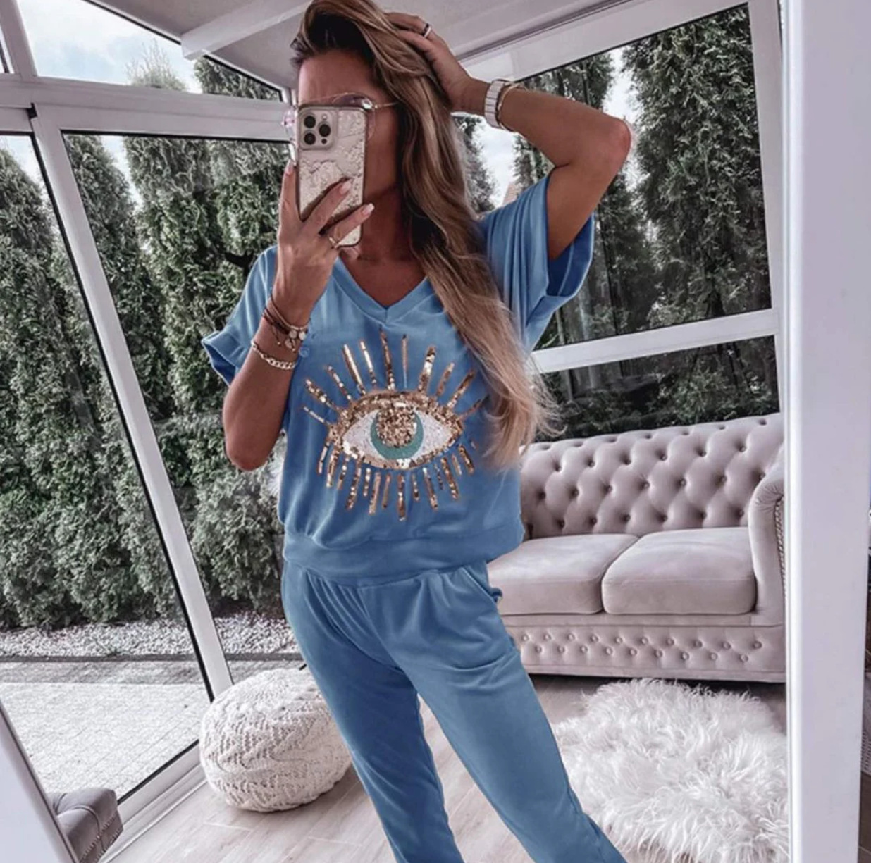 European And American Evil Eye Sequined Pattern Short-sleeved Trousers Fashion Casual Set