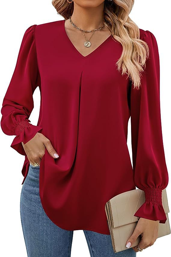 Women's Fashion Casual Solid Color Chiffon Shirt V-neck Long Sleeve Top - Image 10