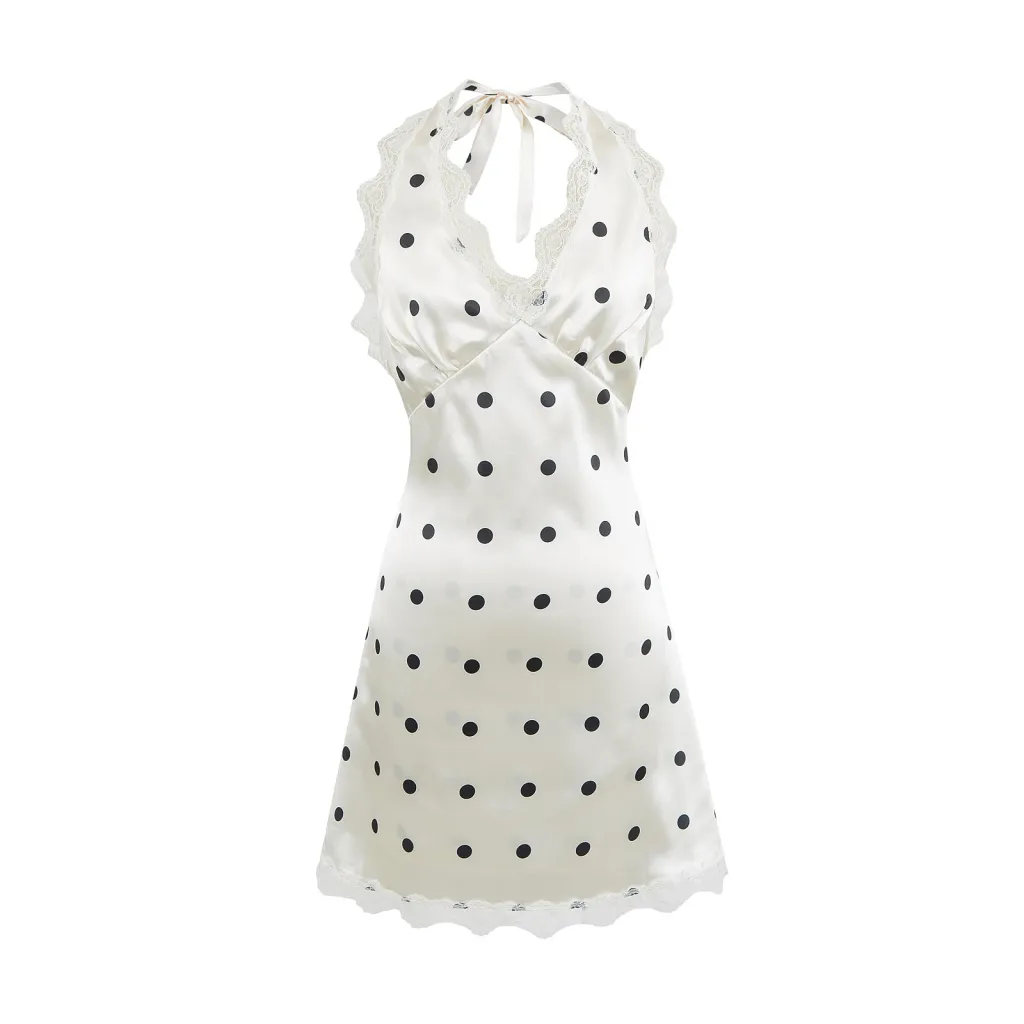 Womens V-neck Lace-trimmed Satin Dress - Polka Dot 25055-L