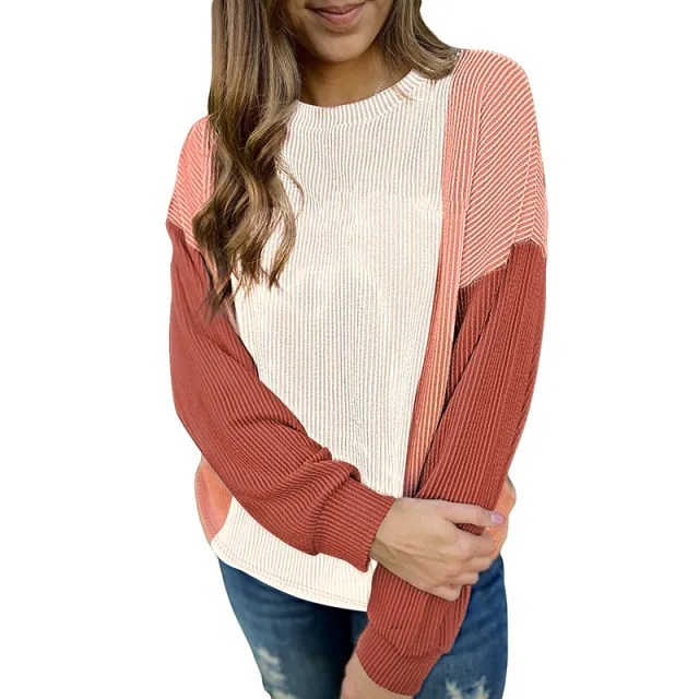 European And American Fashion Thread Stitching Loose Round Neck Contrast Color Pullover Sweater For Women Pink - Shop at LoveMi