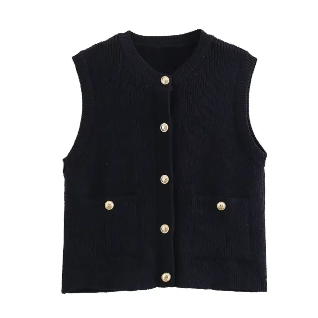 Women's Loose Casual Single breasted Decorative Knitted Vest Black - Shop at LoveMi