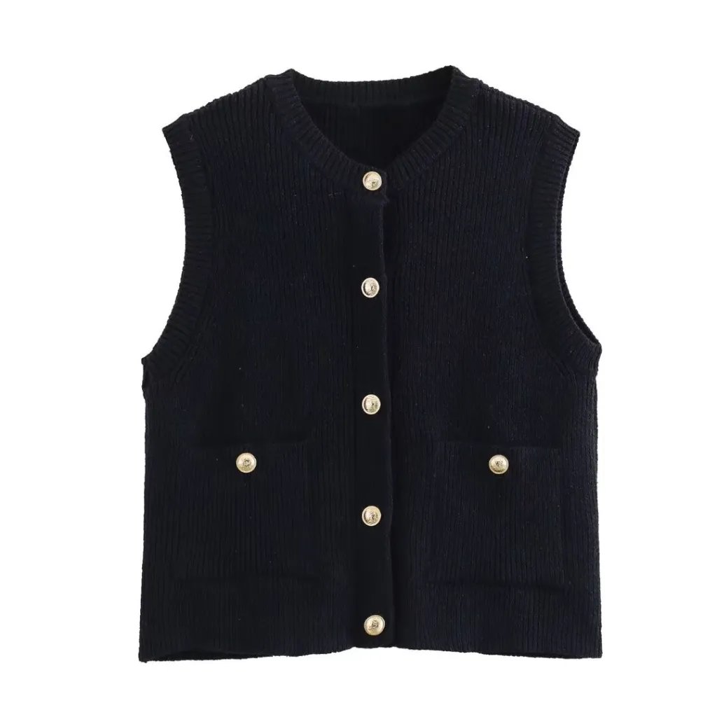 Women's Loose Casual Single-breasted Decorative Knitted Vest - Black