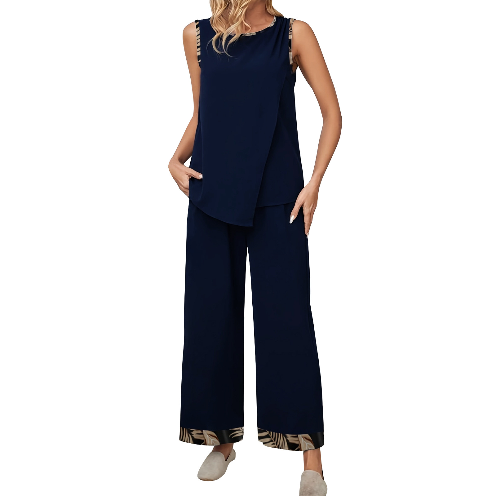 New Round-neck Sleeveless Asymmetrical Top And Pants Cotton Set With Pockets 5