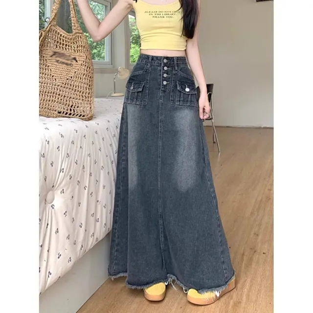 Autumn High Waist Retro Straight Loose Long Denim Skirt For Women Blue Gray - Shop at LoveMi