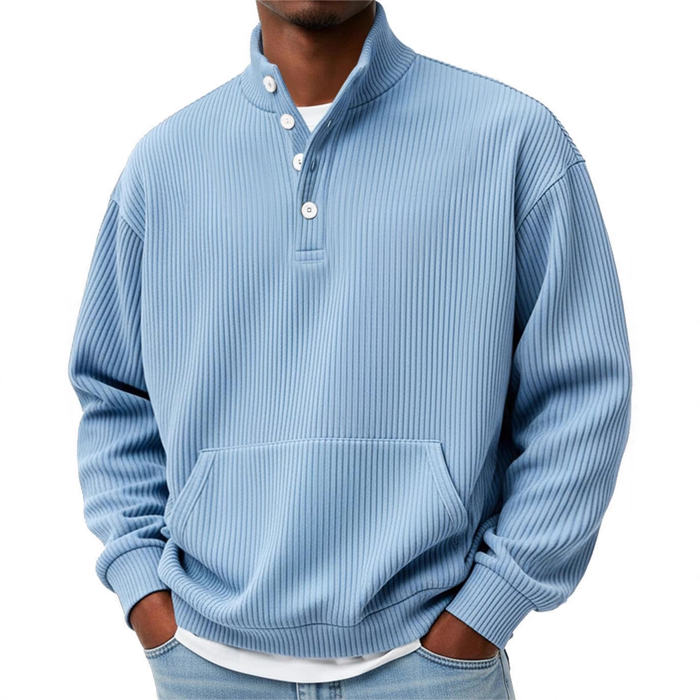 Mens Solid-Color Turtleneck Casual Long-Sleeve Polo Sweatshirt With Pockets For Men Spring Autumn Clothing Loose Button Polo Collar Tees Tops Man Outwear - Image 2