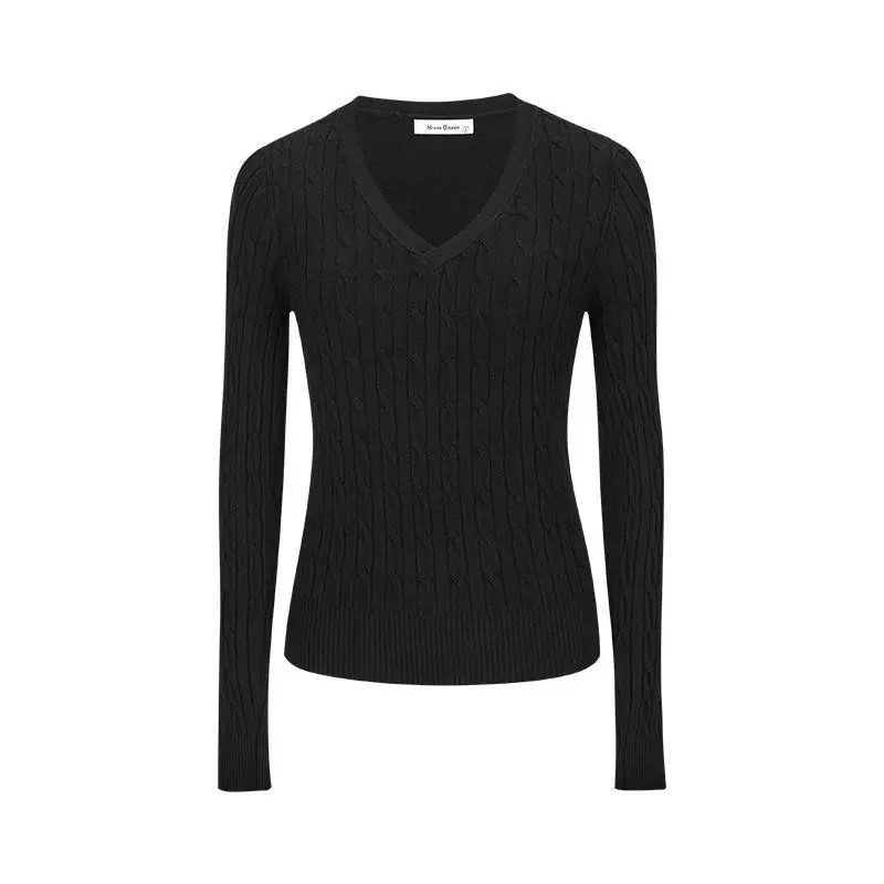 Women's Clothing Is Super Stylish With A High-end Simple And Versatile Cable-knit V-neck Sweater - Black