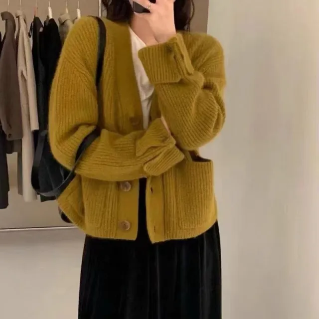 V neck Soft Glutinous Sweater Single breasted Loose Knitted Coat Olive - Shop at LoveMi