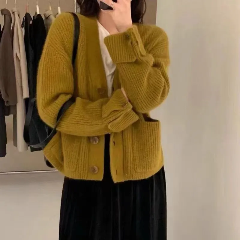 V-neck Soft Glutinous Sweater Single-breasted Loose Knitted Coat - Olive