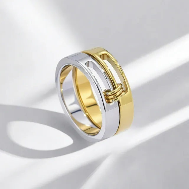 Double layer Twin Ring Stainless Steel Ring Fashion Simple Gold - Shop at LoveMi