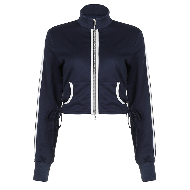 Women's Fashion Solid Color Striped Stitching Contrast Color Slim Fit Half Turtleneck Long-sleeve Zipper