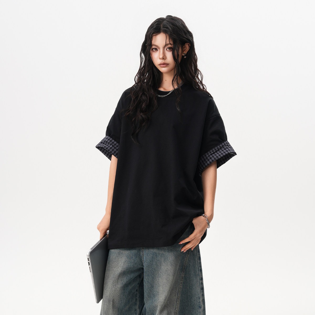 Color-block Plaid Short-sleeve T-shirt For Women