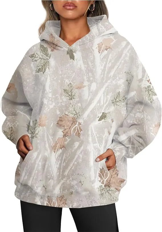 Women's Camouflage Hoodie Maple Leaf Print Oversized Sports Hoodie Color 1 White Leaves - Shop at LoveMi