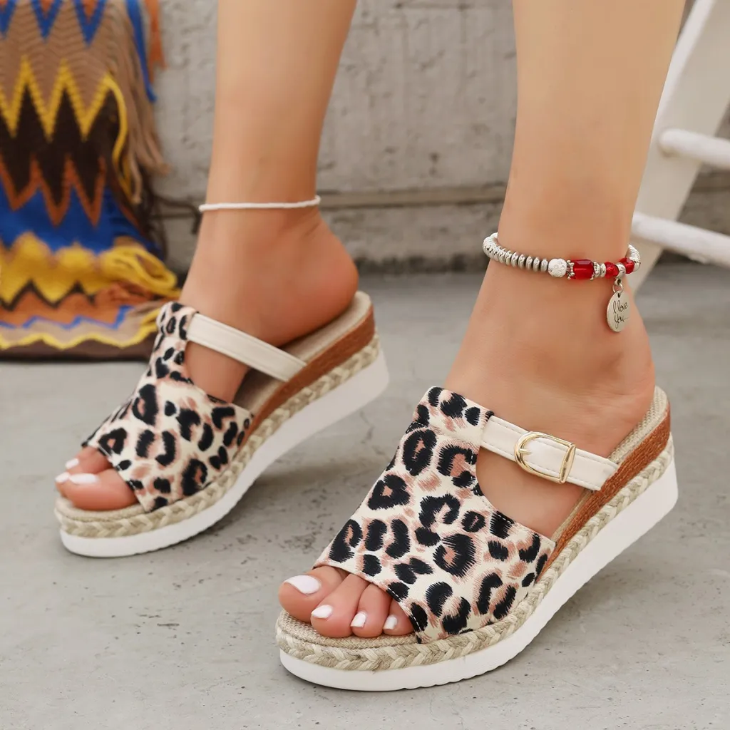 Spring New Wedge Platform Leopard Print Sandals - Beige