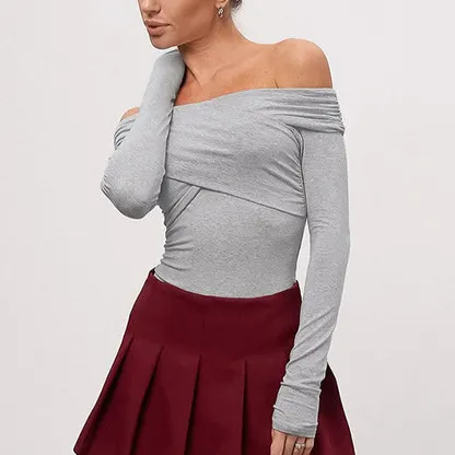 Women's Irregular Off Shoulder Slim Fit Long Sleeve Gray - Shop at LoveMi