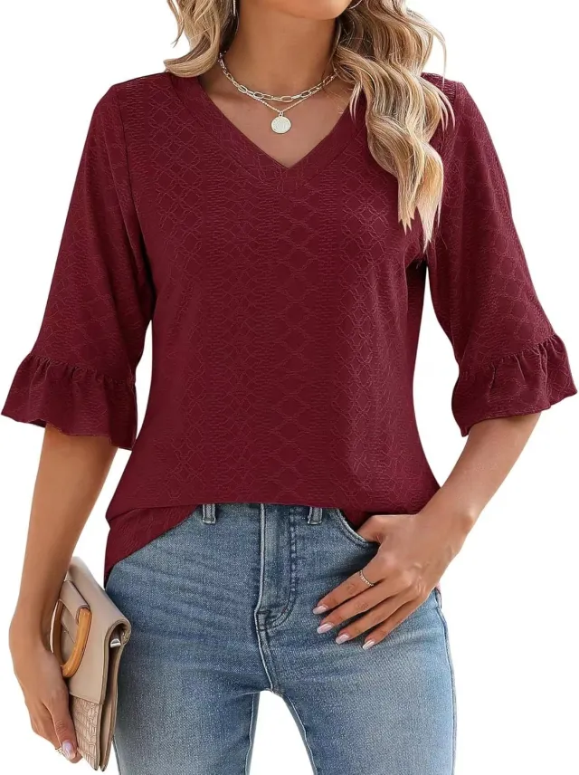 Women's Printed Hollow Ruffle Sleeve Casual Short sleeved Top Wine Red - Shop at LoveMi