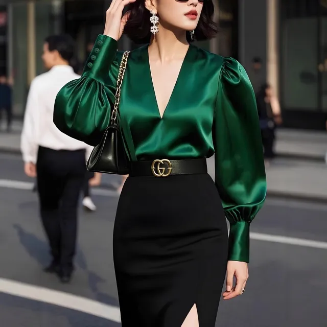 Womens Solid Color V Neck Silk Satin Long Sleeve Shirt Green - Shop at LoveMi