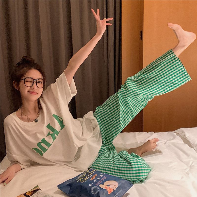 Cartoon Pajama Pants For Women Spring And Autumn New Home Cute Printed Loose Casual Green Plaid - Shop at LoveMi
