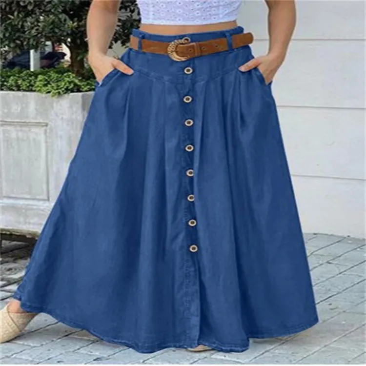 Fall Women's Long Dress Button High Waist Pure Color Pocket Casual - Blue