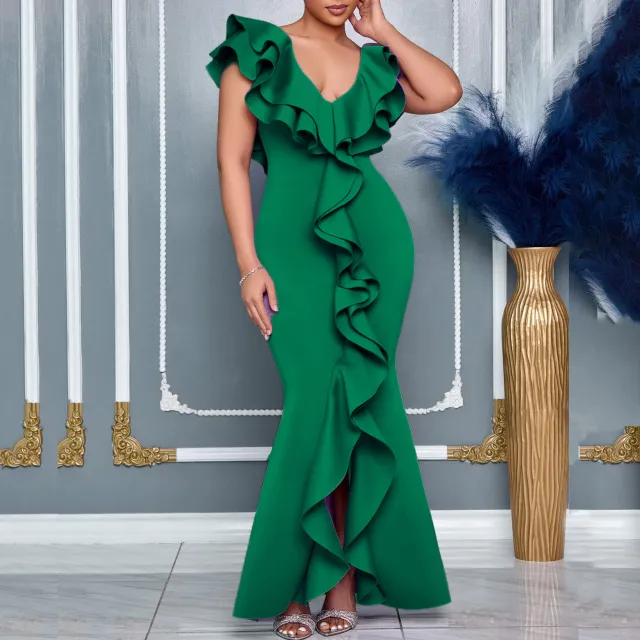 V neck Flounce Split Fishtail Skirt Green - Shop at LoveMi