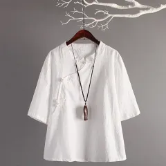 Women's Ethnic Style Art Frog Button Retro Short Sleeve T-shirt - White - View 1
