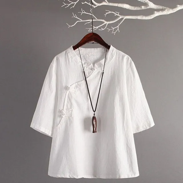Women's Ethnic Style Art Frog Button Retro Short Sleeve T shirt White - Shop at LoveMi