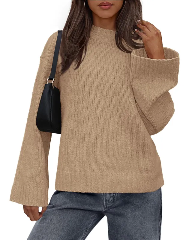Casual Round Neck Solid Color Knitted Sweaters Women's Clothing Khaki - Shop at LoveMi