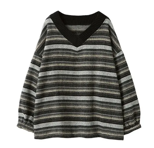 Striped Contrast Color V neck Idle Style Pullover Loose Sweater Black - Shop at LoveMi