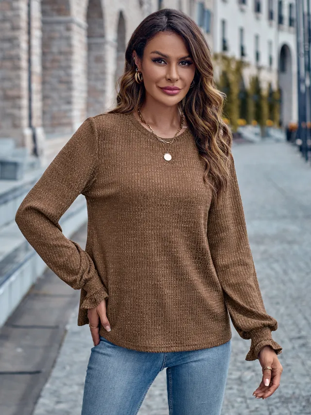 Round Neck Solid Color Casual Loose Women's Top Brown - Shop at LoveMi