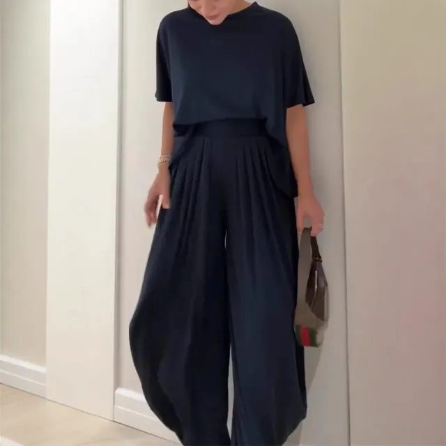 Solid Color Casual Loose Round Neck Wide Leg Pants Women's Suit Blue - Shop at LoveMi