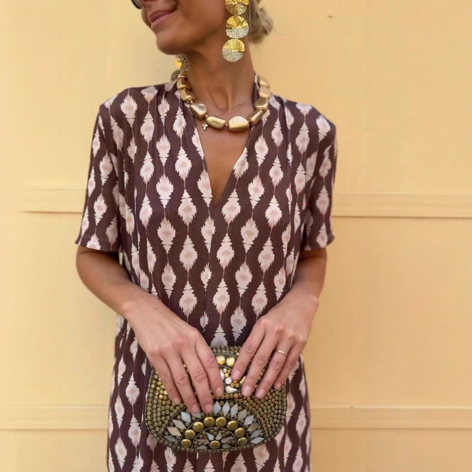 Women's Ethnic Print Loose Short Sleeve Dress Brown - Shop at LoveMi