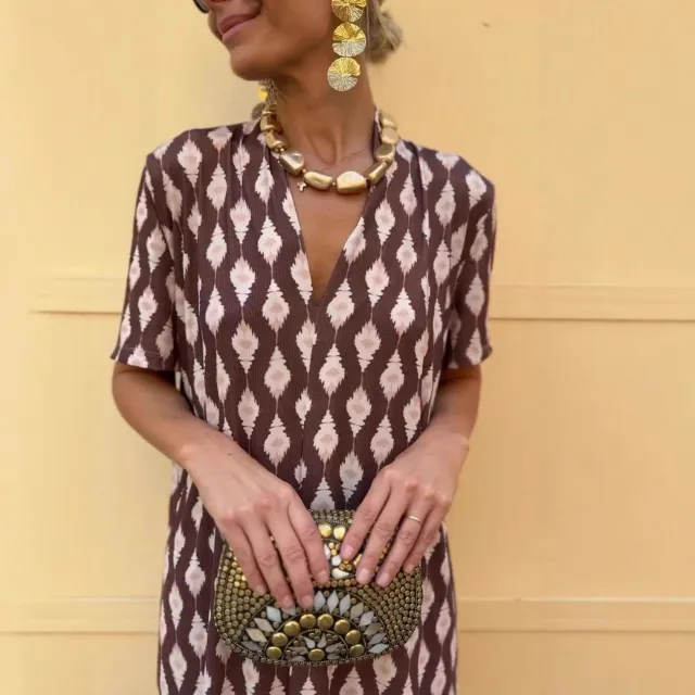 Women's Ethnic Print Loose Short Sleeve Dress Brown - Shop at LoveMi