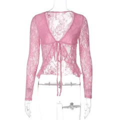 Sexy Lace See-through V-neck Cardigan Lace-up Long Sleeve Top - Red - View 1