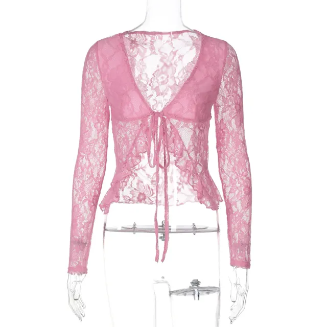 Sexy Lace See through V neck Cardigan Lace up Long Sleeve Top Red - Shop at LoveMi
