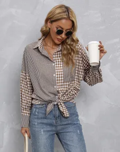 Lapel Plaid Colourblock Loose Casual Shirt - Dark Brown - View 1