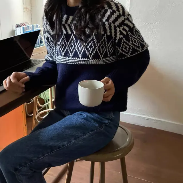 Fashionable Retro Pattern Sweater For Women Blue - Shop at LoveMi