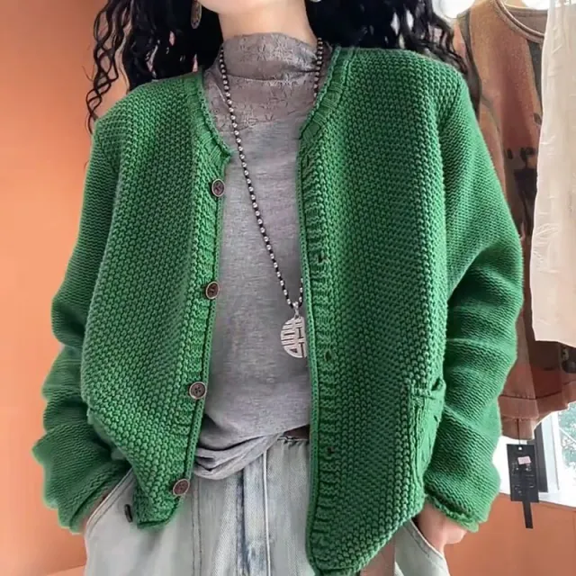 Women's Solid Color Round Neck Long Sleeve Knitted Sweater Coat Green - Shop at LoveMi