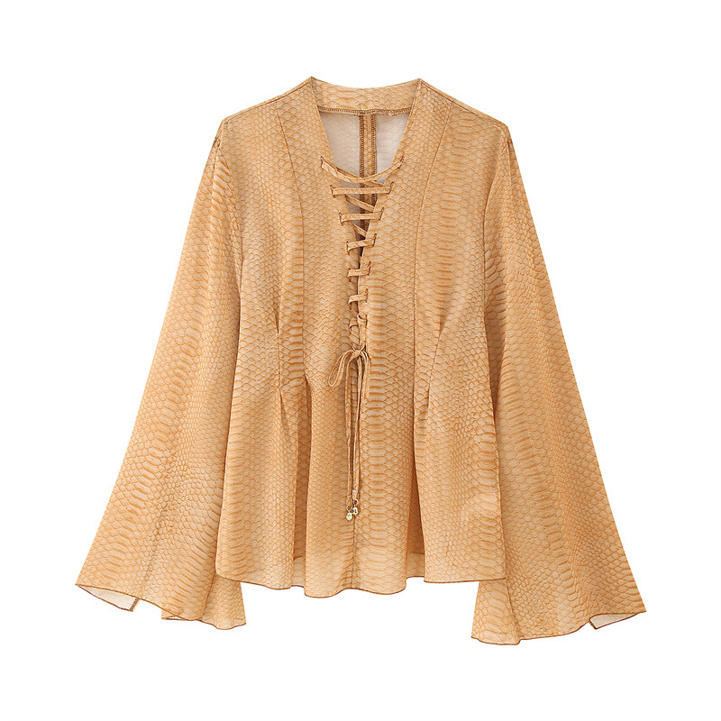 Solid Color Wide Sleeve Lace-up Decorative Chiffon Top