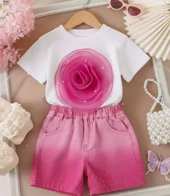 T shirt Gradient Denim Shorts Two piece Set Pink - Shop at LoveMi