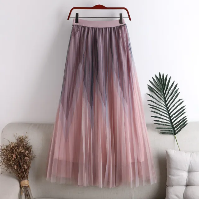 Autumn And Winter Printing Pleated Skirt High Waist Slimming Mesh Color Contrast Patchwork Pink - Shop at LoveMi