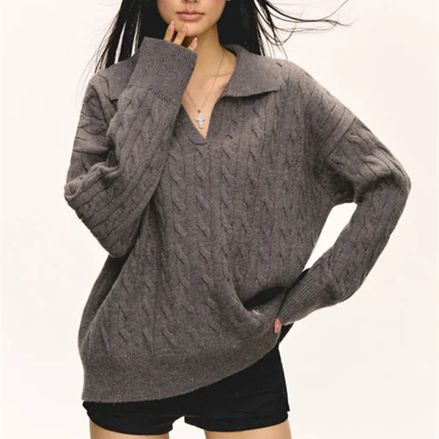 Lapel Twisted Pullover Sweater For Women Gray - Shop at LoveMi